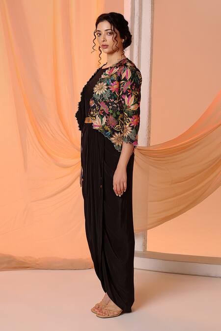 Buy_Soup By Sougat Paul_Black Crepe, Silk Embroidery, Sequins Aarani Embellished Dress With Crop Jacket _Online_at_Aza_Fashions