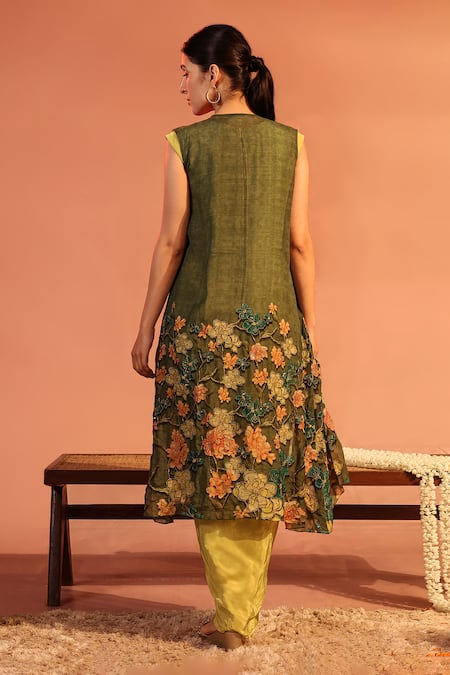 Shop_Soup By Sougat Paul_Green Crepe, Organza Embroidery, Sequins Sadira Draped Dress With Printed Jacket _at_Aza_Fashions