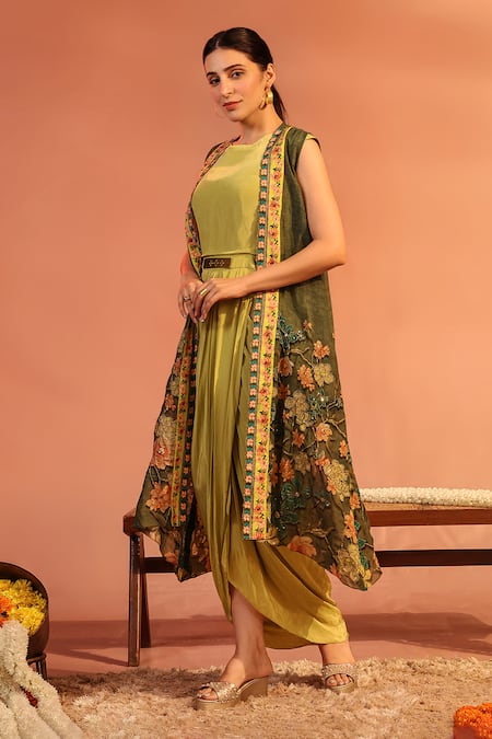 Soup By Sougat Paul_Green Crepe, Organza Embroidery, Sequins Sadira Draped Dress With Printed Jacket _Online_at_Aza_Fashions