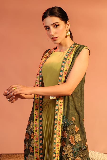 Buy_Soup By Sougat Paul_Green Crepe, Organza Embroidery, Sequins Sadira Draped Dress With Printed Jacket _Online_at_Aza_Fashions