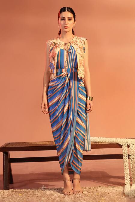 Soup By Sougat Paul Blue Crepe, Organza Beads, Crystals, Stripe Print Draped Dress And Crop Jacket Online at Aza Fashions Soup By Sougat Paul_Blue Crepe, Organza Beads, Crystals, Stripe Print Draped Dress And Crop Jacket _Online_at_Aza_Fashions