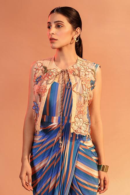 Buy Soup By Sougat Paul Blue Crepe, Organza Beads, Crystals, Stripe Print Draped Dress And Crop Jacket Online at Aza Fashions Buy_Soup By Sougat Paul_Blue Crepe, Organza Beads, Crystals, Stripe Print Draped Dress And Crop Jacket _Online_at_Aza_Fashions