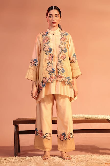 Soup By Sougat Paul Pink Chanderi, Tissue Sequins, Beads, Applique, Sadira Kurta Set With Jacket Online at Aza Fashions Soup By Sougat Paul_Pink Chanderi, Tissue Sequins, Beads, Applique, Sadira Kurta Set With Jacket _Online_at_Aza_Fashions