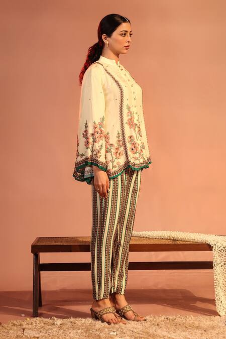 Buy_Soup By Sougat Paul_Cream Silk Embroidery, Mirrors Collared Tamaya Kurta With Pant _Online_at_Aza_Fashions