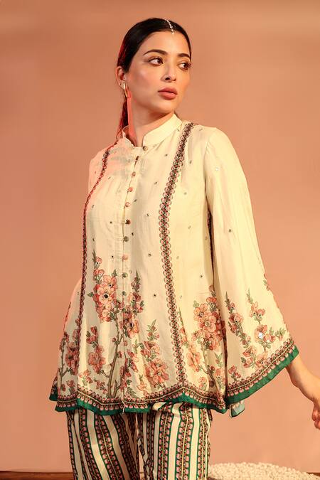 Shop_Soup By Sougat Paul_Cream Silk Embroidery, Mirrors Collared Tamaya Kurta With Pant _Online_at_Aza_Fashions