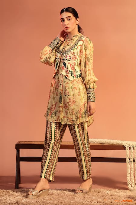 Buy Soup By Sougat Paul Cream Organza, Silk Mirrors, Tamaya Floral Print Kurta Set With Jacket Online at Aza Fashions Buy_Soup By Sougat Paul_Cream Organza, Silk Mirrors, Tamaya Floral Print Kurta Set With Jacket _Online_at_Aza_Fashions