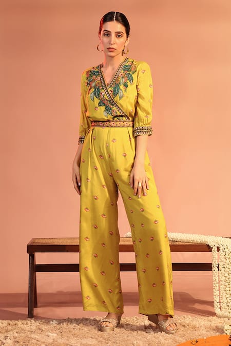 Soup by Sougat Paul Yellow Jumpsuit Cotton Silk Embellished Flower Tamaya Overlap With Belt 