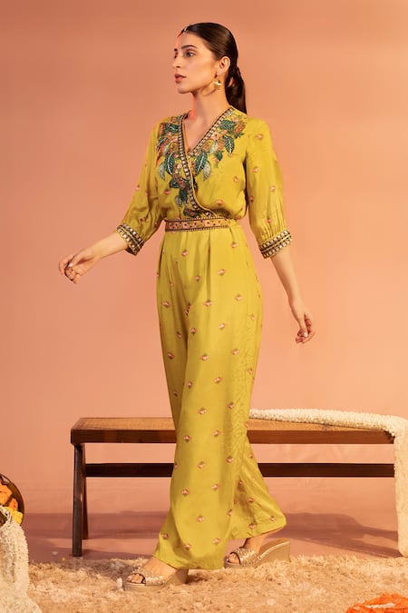 Soup By Sougat Paul_Yellow Cotton, Silk Applique, Tamaya Embellished Overlap Jumpsuit With Belt _Online_at_Aza_Fashions