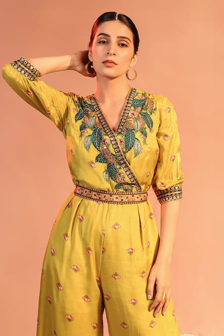 Buy_Soup By Sougat Paul_Yellow Cotton, Silk Applique, Tamaya Embellished Overlap Jumpsuit With Belt _Online_at_Aza_Fashions
