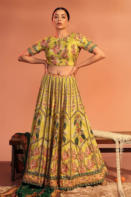 Soup by Sougat Paul Yellow Lehenga And Blouse Malaysian Silk Printed Flower Tamaya Embroidered Set 