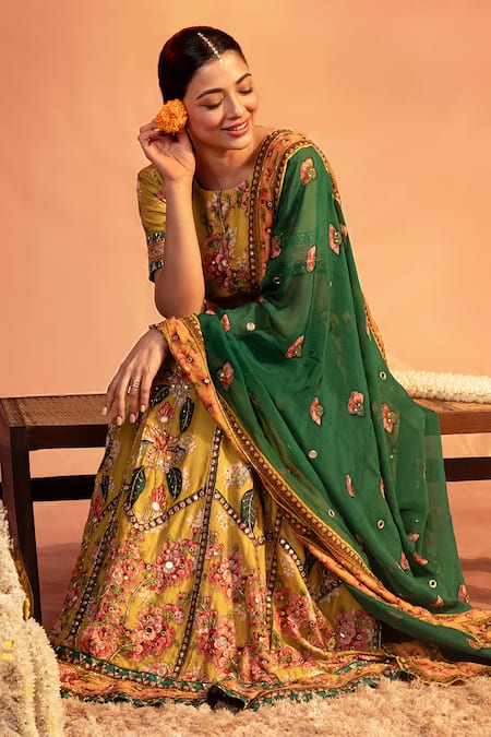 Soup By Sougat Paul Yellow Silk, Organza Mirrors, Embroidery Round Neck Tamaya Lehenga Set Online at Aza Fashions Soup By Sougat Paul_Yellow Silk, Organza Mirrors, Embroidery Round Neck Tamaya Lehenga Set _Online_at_Aza_Fashions