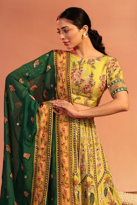 Shop Soup By Sougat Paul Yellow Silk, Organza Mirrors, Embroidery Round Neck Tamaya Lehenga Set Online at Aza Fashions Shop_Soup By Sougat Paul_Yellow Silk, Organza Mirrors, Embroidery Round Neck Tamaya Lehenga Set _Online_at_Aza_Fashions