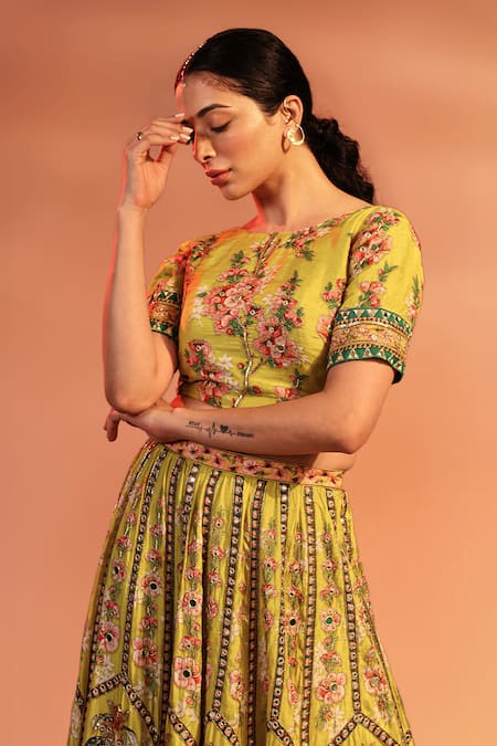 Soup By Sougat Paul Yellow Silk, Organza Mirrors, Embroidery Round Neck Tamaya Lehenga Set at Aza Fashions Soup By Sougat Paul_Yellow Silk, Organza Mirrors, Embroidery Round Neck Tamaya Lehenga Set _at_Aza_Fashions