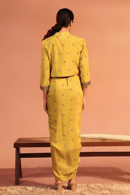 Shop Soup By Sougat Paul Yellow Cotton, Silk Applique, Sequins, Tamaya Drape Dress With Jacket at Aza Fashions Shop_Soup By Sougat Paul_Yellow Cotton, Silk Applique, Sequins, Tamaya Drape Dress With Jacket _at_Aza_Fashions