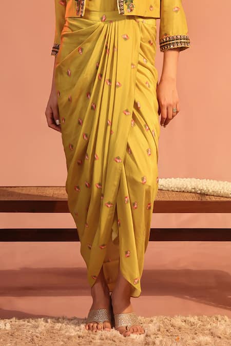 Soup By Sougat Paul Yellow Cotton, Silk Applique, Sequins, Tamaya Drape Dress With Jacket Online at Aza Fashions Soup By Sougat Paul_Yellow Cotton, Silk Applique, Sequins, Tamaya Drape Dress With Jacket _Online_at_Aza_Fashions