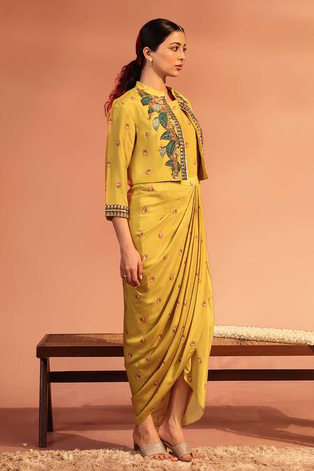 Buy Soup By Sougat Paul Yellow Cotton, Silk Applique, Sequins, Tamaya Drape Dress With Jacket Online at Aza Fashions Buy_Soup By Sougat Paul_Yellow Cotton, Silk Applique, Sequins, Tamaya Drape Dress With Jacket _Online_at_Aza_Fashions