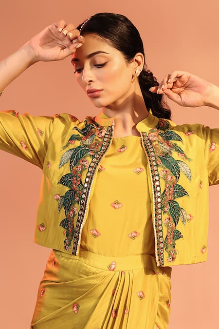 Shop Soup By Sougat Paul Yellow Cotton, Silk Applique, Sequins, Tamaya Drape Dress With Jacket Online at Aza Fashions Shop_Soup By Sougat Paul_Yellow Cotton, Silk Applique, Sequins, Tamaya Drape Dress With Jacket _Online_at_Aza_Fashions