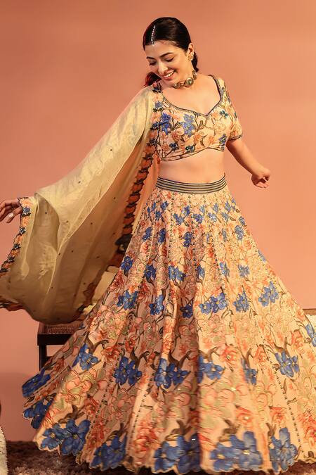 Soup By Sougat Paul_Pink Cotton, Silk, Tissue Embroidery, Sequins Sadira Floral Lehenga Set _Online_at_Aza_Fashions