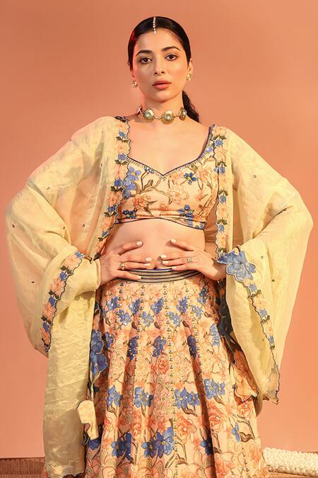 Buy_Soup By Sougat Paul_Pink Cotton, Silk, Tissue Embroidery, Sequins Sadira Floral Lehenga Set _Online_at_Aza_Fashions