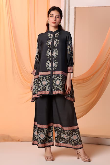 Soup by Sougat Paul Black Chanderi Embroidery Circular Band Collar Eraya Shirt Tunic With Pant 