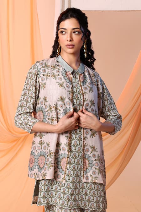 Buy Soup By Sougat Paul Green Linen, Crepe Embroidery, Sequins Eraya Floral Print Jacket And Pant Set Online at Aza Fashions Buy_Soup By Sougat Paul_Green Linen, Crepe Embroidery, Sequins Eraya Floral Print Jacket And Pant Set _Online_at_Aza_Fashions