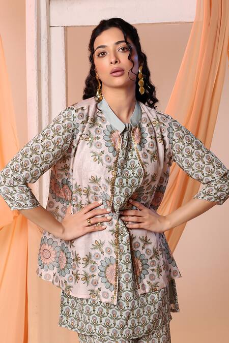 Shop Soup By Sougat Paul Green Linen, Crepe Embroidery, Sequins Eraya Floral Print Jacket And Pant Set Online at Aza Fashions Shop_Soup By Sougat Paul_Green Linen, Crepe Embroidery, Sequins Eraya Floral Print Jacket And Pant Set _Online_at_Aza_Fashions