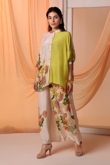 Soup By Sougat Paul Yellow Cotton, Silk Embroidery Aarani Floral Print Kimono Shirt With Pant Online at Aza Fashions Soup By Sougat Paul_Yellow Cotton, Silk Embroidery Aarani Floral Print Kimono Shirt With Pant _Online_at_Aza_Fashions