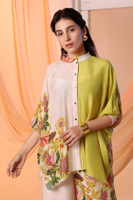 Shop Soup By Sougat Paul Yellow Cotton, Silk Embroidery Aarani Floral Print Kimono Shirt With Pant Online at Aza Fashions Shop_Soup By Sougat Paul_Yellow Cotton, Silk Embroidery Aarani Floral Print Kimono Shirt With Pant _Online_at_Aza_Fashions
