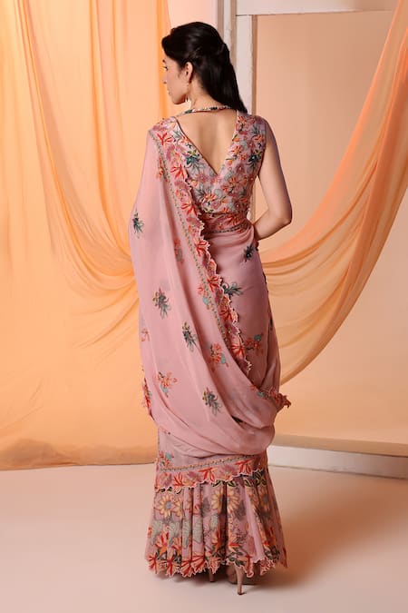 Soup By Sougat Paul Aarani Floral Embroidered Pre-Draped Saree With Blouse 
