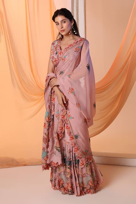 Soup By Sougat Paul_Pink Cotton, Silk Sequins, Beads, Aarani Floral Pre-draped Saree With Blouse _Online_at_Aza_Fashions