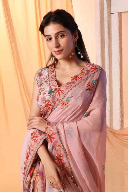 Buy_Soup By Sougat Paul_Pink Cotton, Silk Sequins, Beads, Aarani Floral Pre-draped Saree With Blouse _Online_at_Aza_Fashions