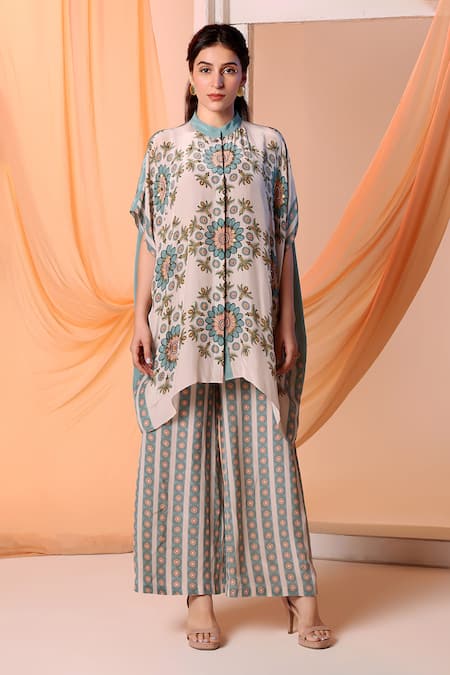 Soup by Sougat Paul Off White Crepe Print Floral Band Collar Eraya Short Kaftan With Pant 