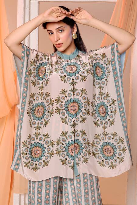 Shop Soup By Sougat Paul Off White Crepe Embroidery Bandeau Eraya Floral Print Short Kaftan With Pant Online at Aza Fashions Shop_Soup By Sougat Paul_Off White Crepe Embroidery Bandeau Eraya Floral Print Short Kaftan With Pant _Online_at_Aza_Fashions