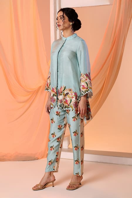 Buy_Soup By Sougat Paul_Blue Silk Embroidery Bandeau Neck Aarani Floral Asymmetric Shirt With Pant _Online_at_Aza_Fashions
