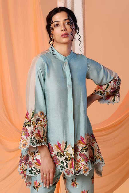 Shop_Soup By Sougat Paul_Blue Silk Embroidery Bandeau Neck Aarani Floral Asymmetric Shirt With Pant _Online_at_Aza_Fashions
