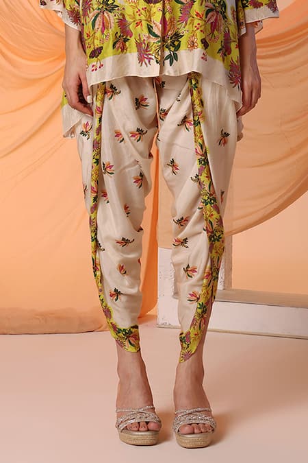 Soup By Sougat Paul_Beige Silk, Cotton Embroidery Bandeau Arani Floral Short Kurta With Dhoti Pant _Online_at_Aza_Fashions