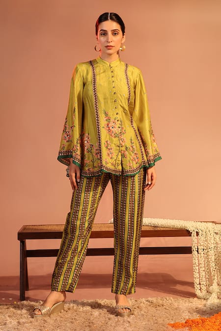 Soup by Sougat Paul Yellow Malaysian Silk Embroidery Sequin Tamaya Floral Kalidar Kurta With Pant 