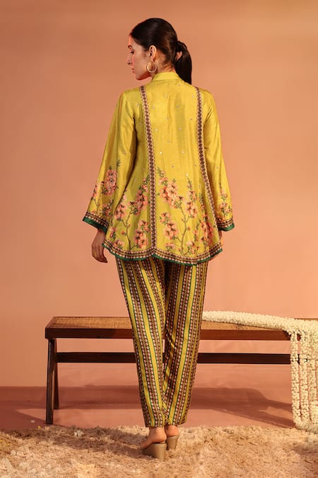 Shop_Soup By Sougat Paul_Yellow Silk Embroidery, Sequins Bandeau Tamaya Floral Kalidar Kurta With Pant _at_Aza_Fashions