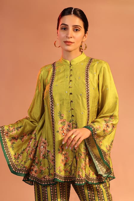 Shop_Soup By Sougat Paul_Yellow Silk Embroidery, Sequins Bandeau Tamaya Floral Kalidar Kurta With Pant _Online_at_Aza_Fashions