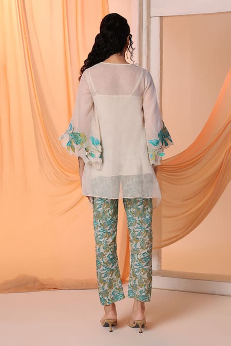 Shop Soup By Sougat Paul Off White Silk Embroidery Round Aarani Floral Applique Short Kurta And Pant Set at Aza Fashions Shop_Soup By Sougat Paul_Off White Silk Embroidery Round Aarani Floral Applique Short Kurta And Pant Set _at_Aza_Fashions