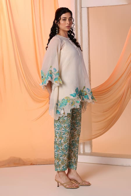 Shop Soup By Sougat Paul Off White Silk Embroidery Round Aarani Floral Applique Short Kurta And Pant Set Online at Aza Fashions Shop_Soup By Sougat Paul_Off White Silk Embroidery Round Aarani Floral Applique Short Kurta And Pant Set _Online_at_Aza_Fashions