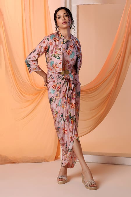 Soup by Sougat Paul Aarani Floral Print Crop Jacket With Draped Dress 