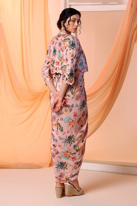 Shop Soup By Sougat Paul Pink Crepe, Linen Embroidery Aarani Floral Print Crop Jacket With Draped Dress at Aza Fashions Shop_Soup By Sougat Paul_Pink Crepe, Linen Embroidery Aarani Floral Print Crop Jacket With Draped Dress _at_Aza_Fashions