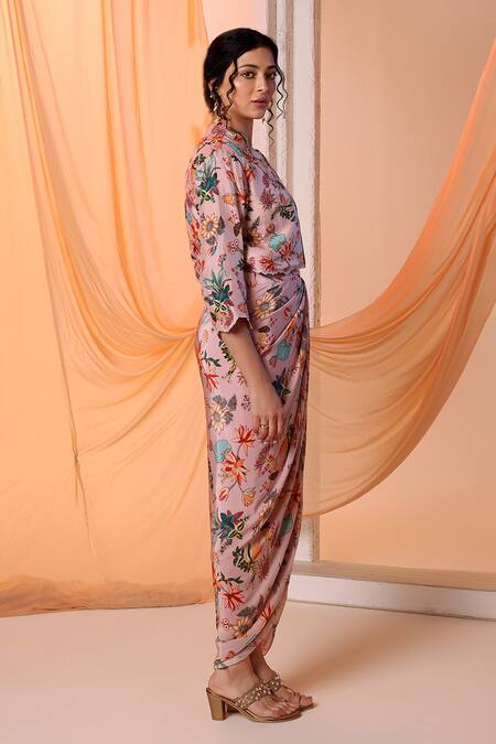 Soup By Sougat Paul Pink Crepe, Linen Embroidery Aarani Floral Print Crop Jacket With Draped Dress Online at Aza Fashions Soup By Sougat Paul_Pink Crepe, Linen Embroidery Aarani Floral Print Crop Jacket With Draped Dress _Online_at_Aza_Fashions