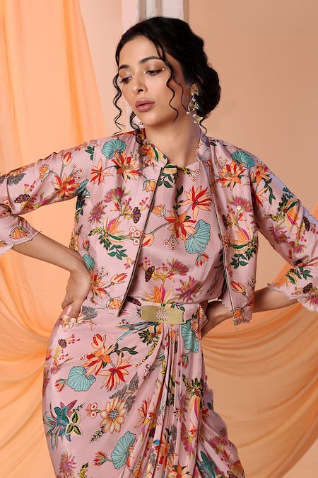 Buy Soup By Sougat Paul Pink Crepe, Linen Embroidery Aarani Floral Print Crop Jacket With Draped Dress Online at Aza Fashions Buy_Soup By Sougat Paul_Pink Crepe, Linen Embroidery Aarani Floral Print Crop Jacket With Draped Dress _Online_at_Aza_Fashions