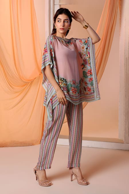 Soup by Sougat Paul Pink Crepe Print Floral Boat Neck Aarani Kaftan With Pant 