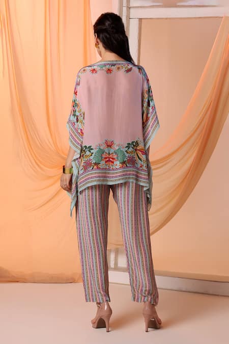 Shop Soup By Sougat Paul Pink Crepe Boat Neck Aarani Floral Print Kaftan With Pant at Aza Fashions Shop_Soup By Sougat Paul_Pink Crepe Boat Neck Aarani Floral Print Kaftan With Pant _at_Aza_Fashions