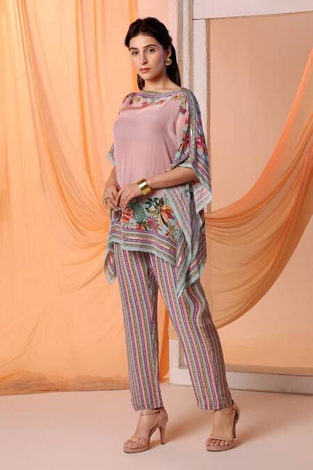 Soup By Sougat Paul Pink Crepe Boat Neck Aarani Floral Print Kaftan With Pant Online at Aza Fashions Soup By Sougat Paul_Pink Crepe Boat Neck Aarani Floral Print Kaftan With Pant _Online_at_Aza_Fashions