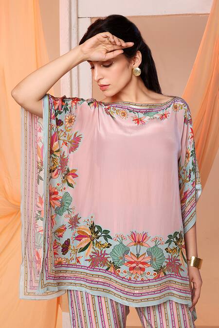 Shop Soup By Sougat Paul Pink Crepe Boat Neck Aarani Floral Print Kaftan With Pant Online at Aza Fashions Shop_Soup By Sougat Paul_Pink Crepe Boat Neck Aarani Floral Print Kaftan With Pant _Online_at_Aza_Fashions