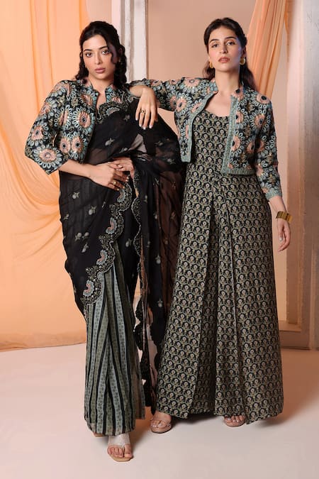 Soup By Sougat Paul Black Linen, Muslin Sequins, Eraya Floral Embroidered Crop Jacket With Jumpsuit Online at Aza Fashions Soup By Sougat Paul_Black Linen, Muslin Sequins, Eraya Floral Embroidered Crop Jacket With Jumpsuit _Online_at_Aza_Fashions